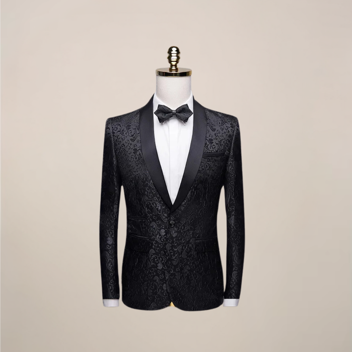Back view of men's slim fit tuxedo blazer, showcasing modern cut for formal & evening events.