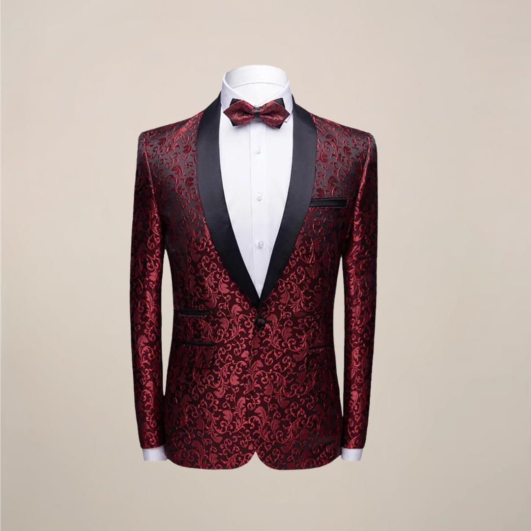 Man wearing a sharp slim fit tuxedo blazer, ready for a formal event, party, or gala.