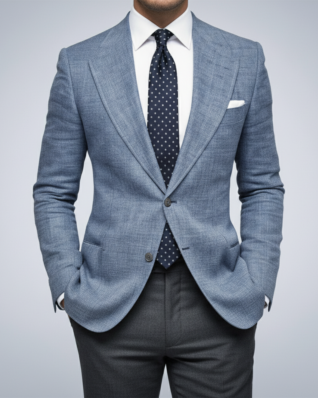 Men's slim fit blue blazer, sharp tailored style for business, formal, or smart casual occasions. Modern men's fashion.