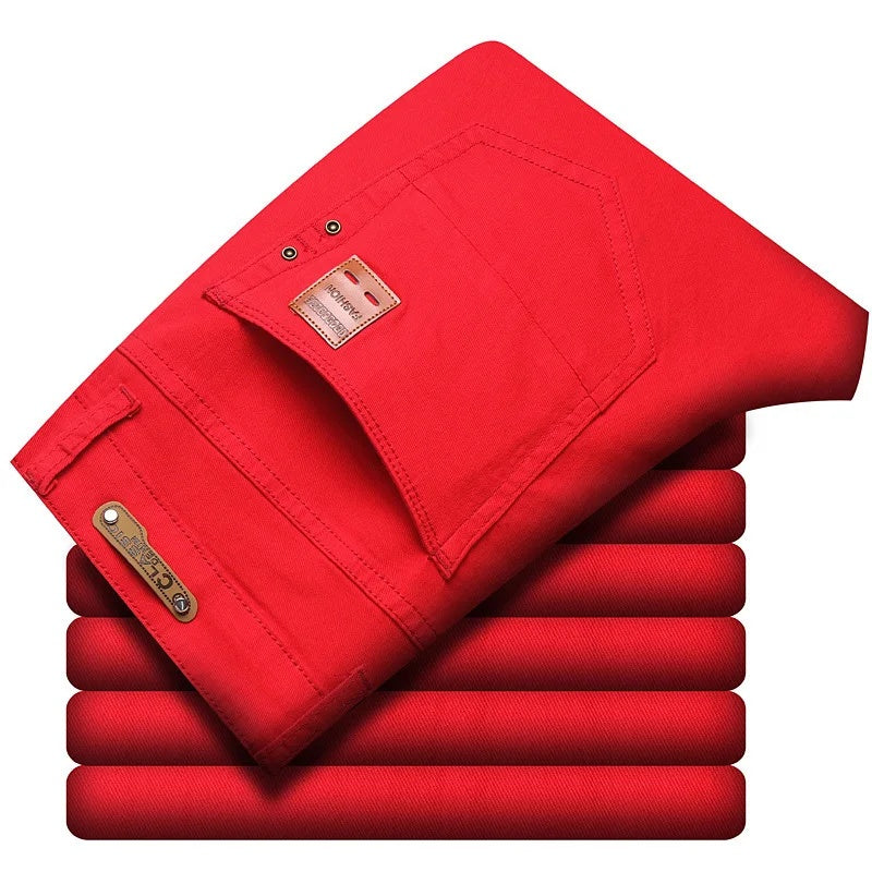 Vibrant red men's slim fit denim jeans, a bold and comfortable choice for modern fashion.