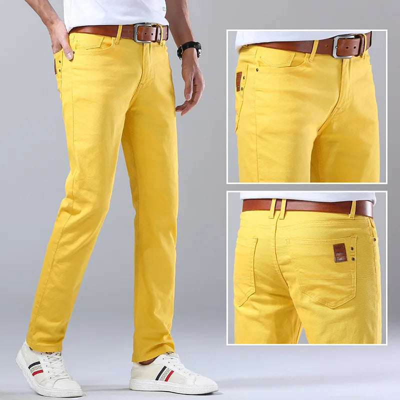Close-up of comfortable blue slim fit men's jeans, showcasing premium denim fabric texture.