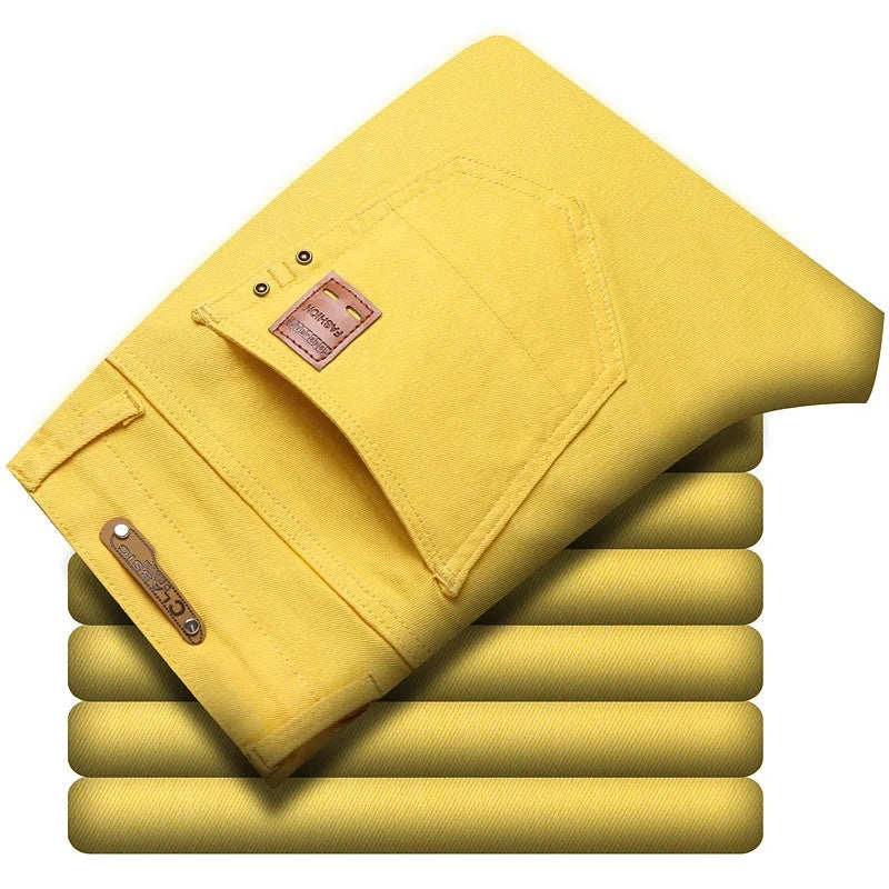 Back view of men's slim fit blue jeans, highlighting classic denim design and pocket details.