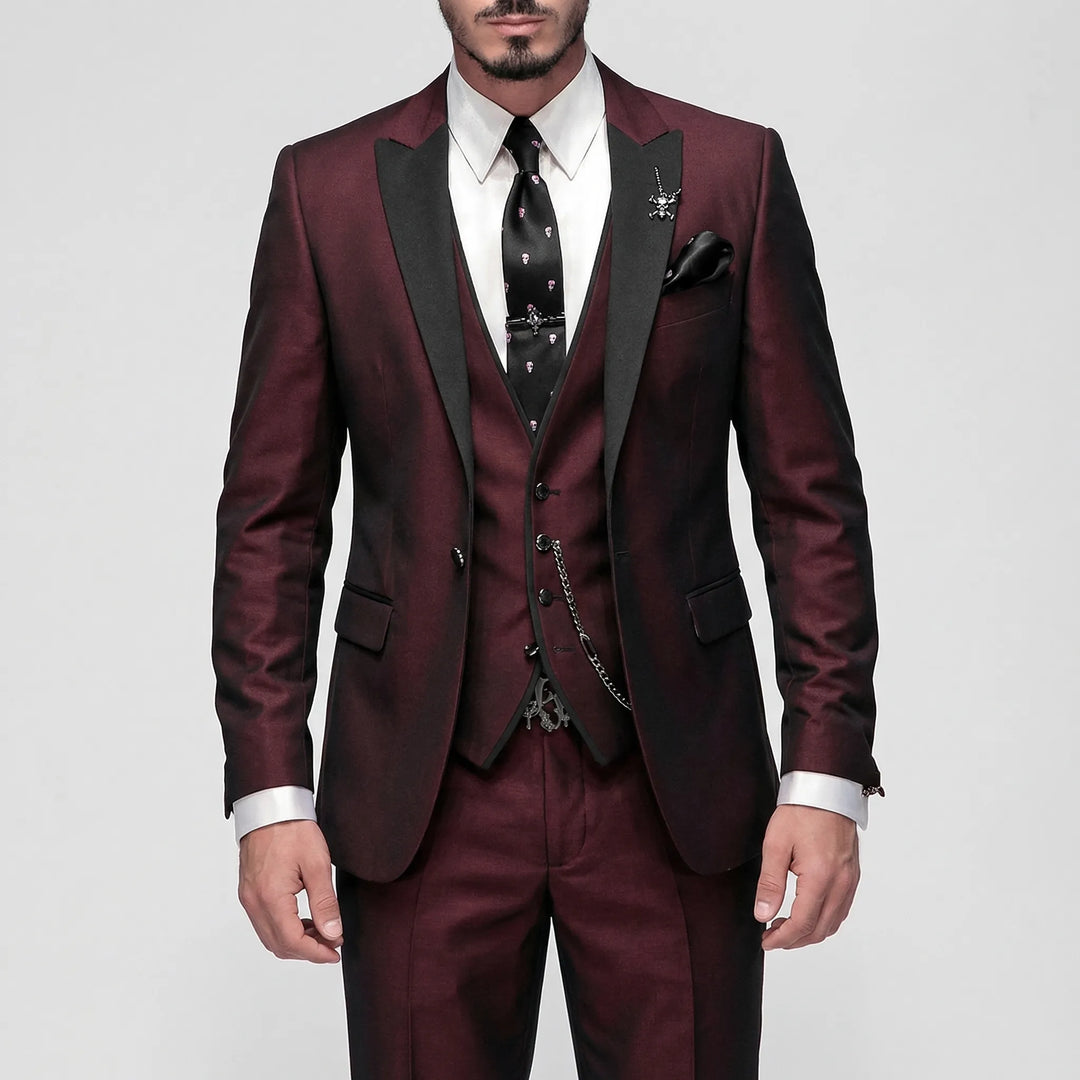Stylish burgundy slim-fit 3-piece men's suit, perfect for formal events, weddings & business attire.