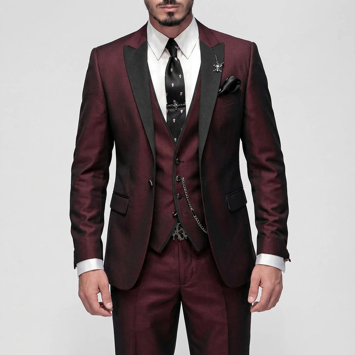 Stylish burgundy slim-fit 3-piece men's suit, perfect for formal events, weddings & business attire.