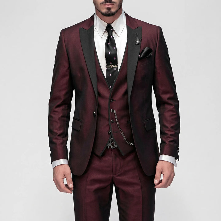Versatile men's burgundy 3-piece slim-fit suit; perfect for weddings, business & formal events.
