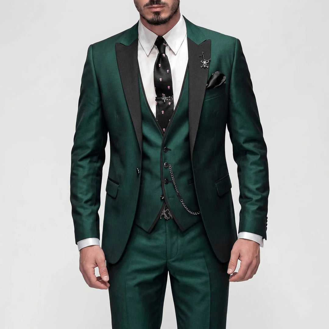 Complete men's 3-piece slim-fit burgundy suit, featuring jacket, vest & pants for formal occasions.