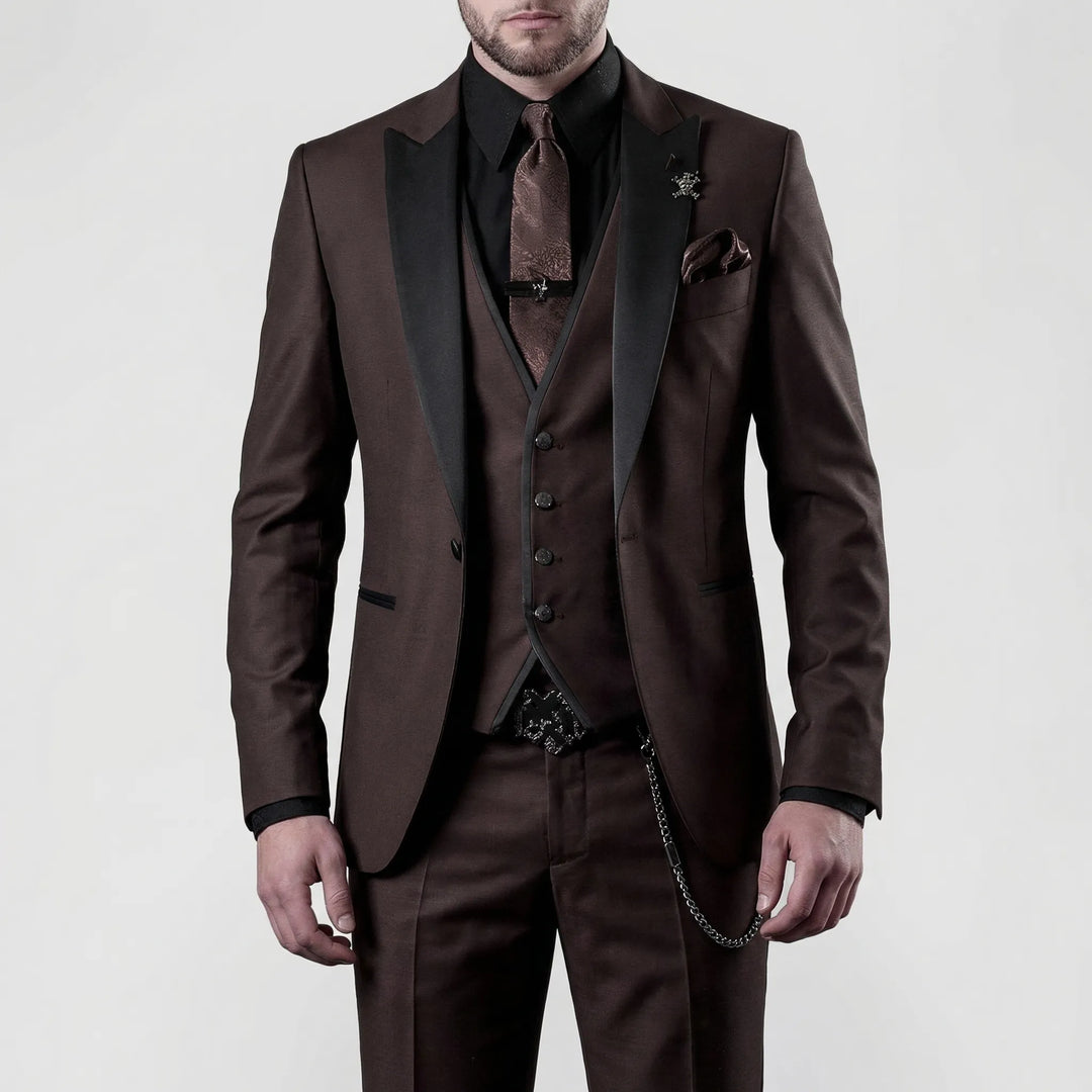 Elegant men's slim-fit burgundy 3-piece suit with a stylish contrast lapel, ideal for formal fashion.