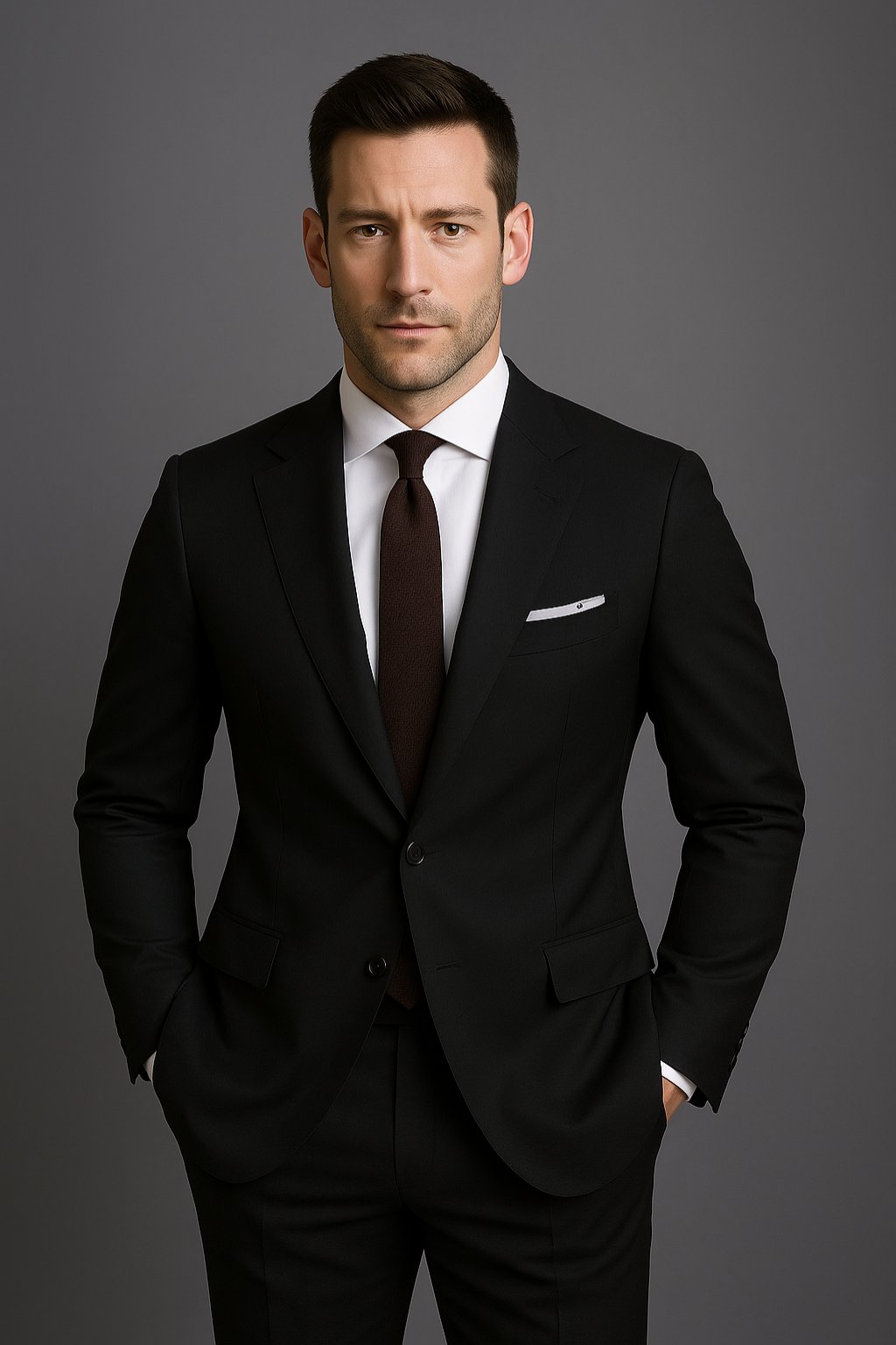 Stylish black men's slim fit suit, perfect for business, formal events & modern executive wear. Tailored two-piece.