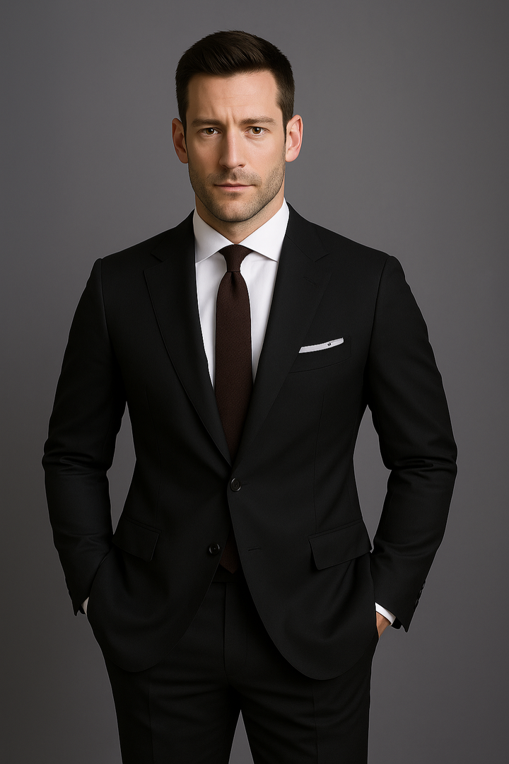 Stylish black men's slim fit suit, perfect for business, formal events & modern executive wear. Tailored two-piece.