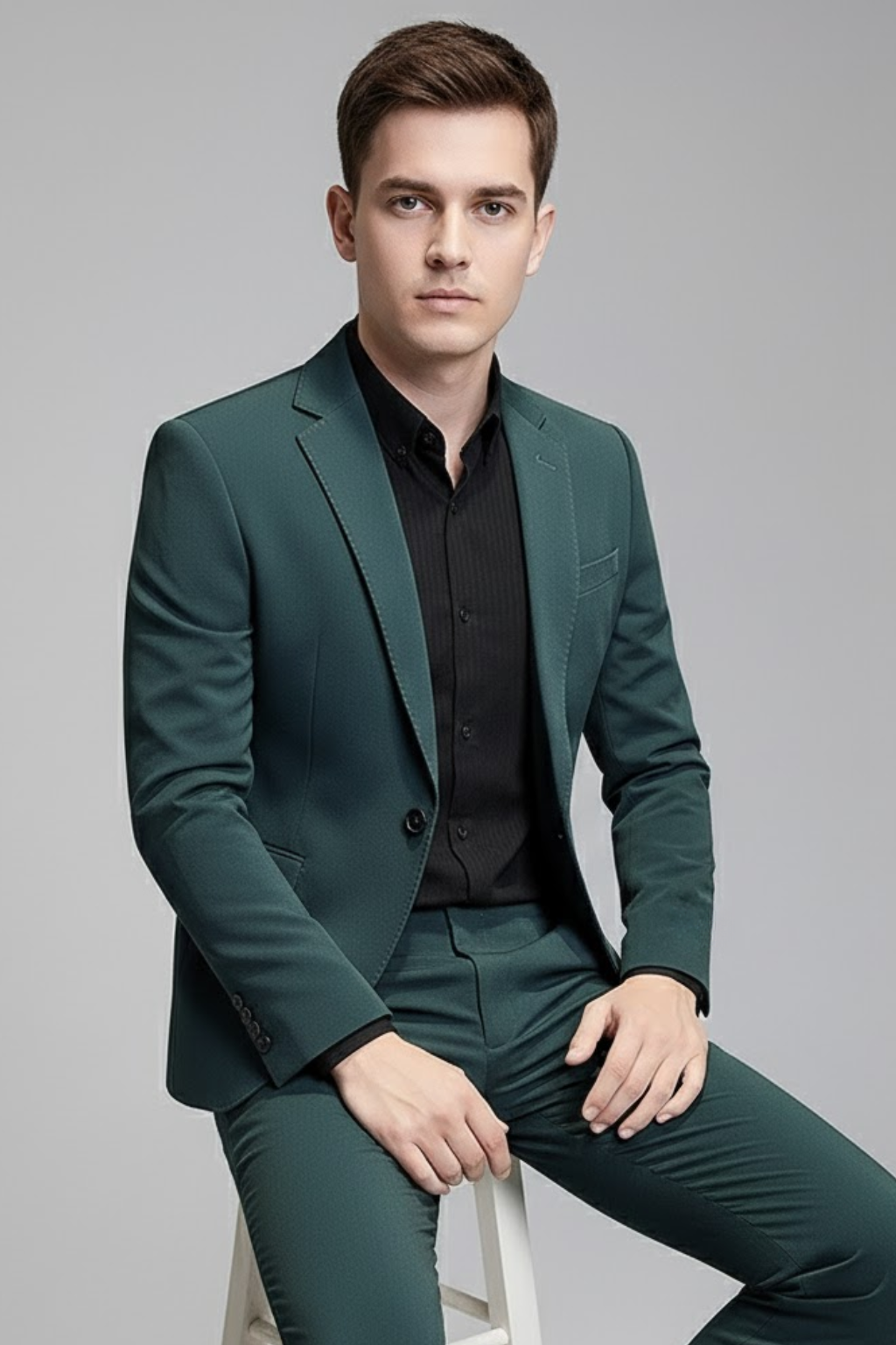 Tailored men's slim fit suit in a modern Korean style, perfect for spring/summer business or smart casual wear.