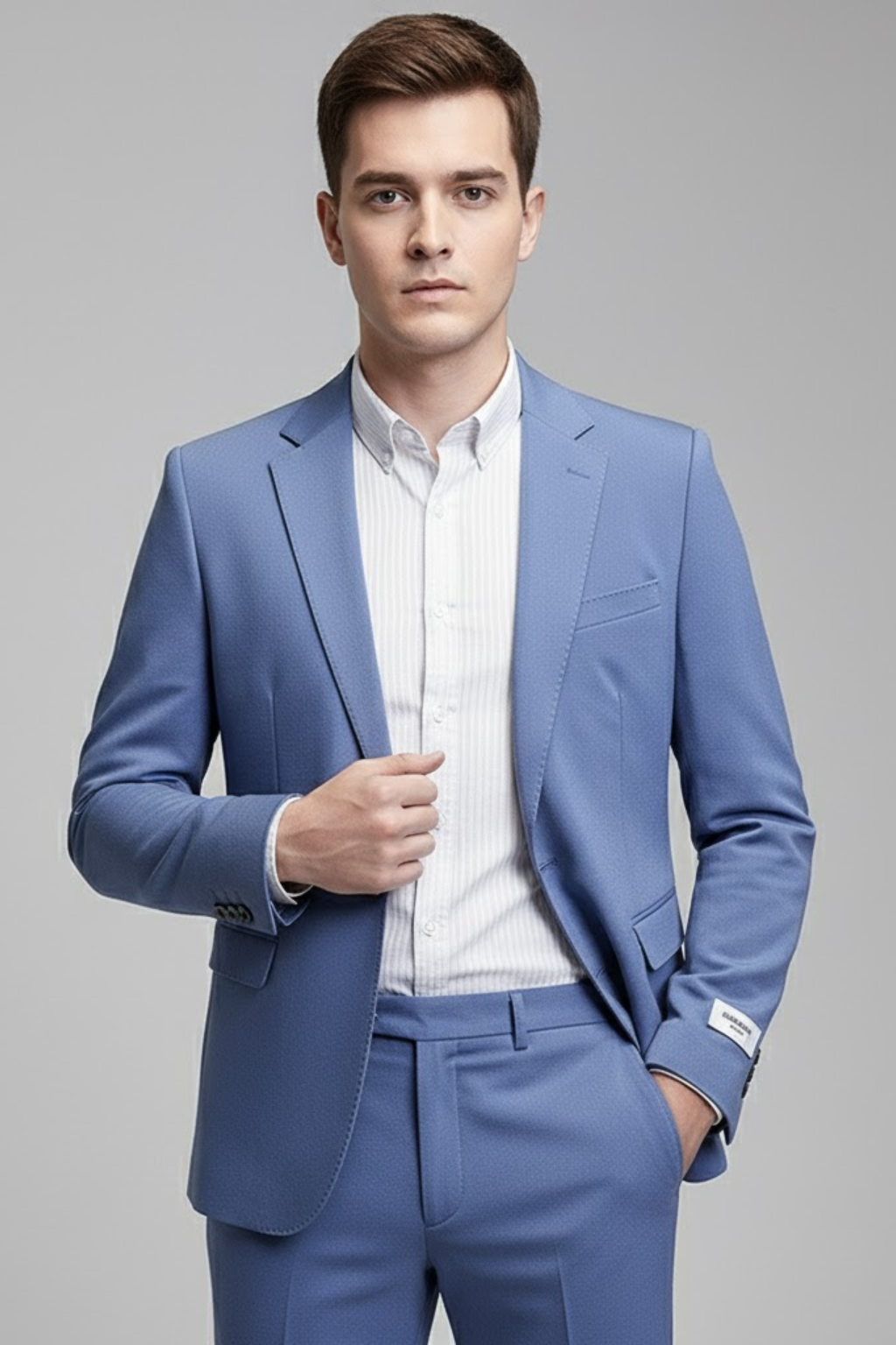 Stylish men's slim fit business suit, featuring a modern Korean tailored cut for a sharp, contemporary look.