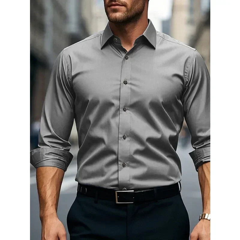 Versatile men's slim fit button-down long sleeve shirt, ideal for business, casual, or formal occasions.