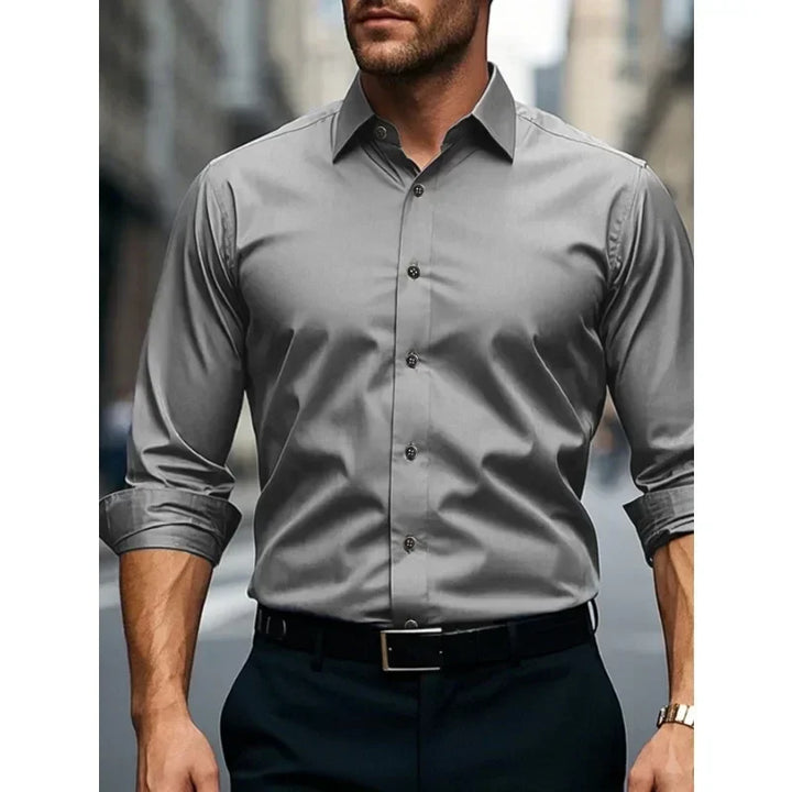 Versatile men's slim fit button-down long sleeve shirt, ideal for business, casual, or formal occasions.