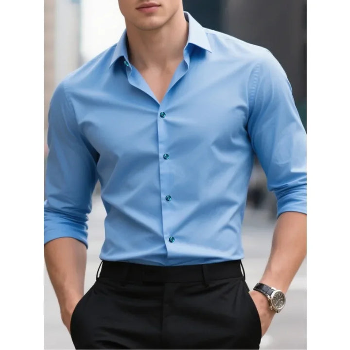 Crisp men's slim fit button-down shirt, long sleeve, designed for a sharp and tailored appearance.