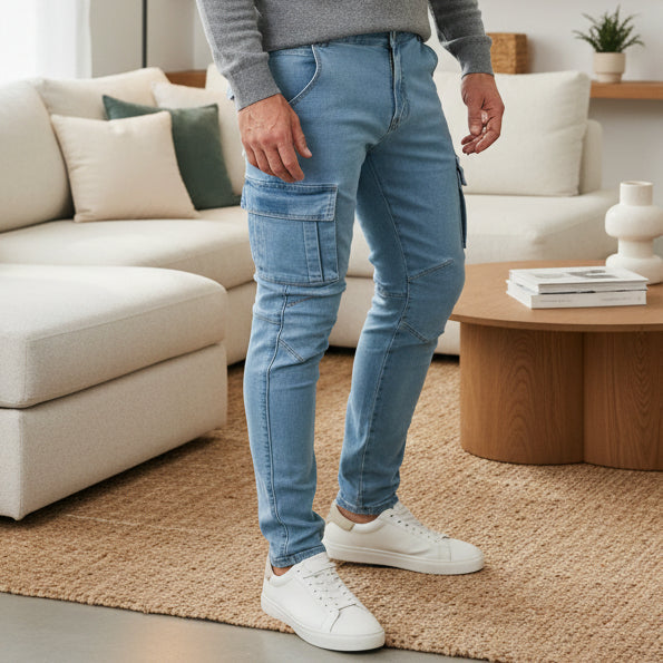 Men's slim fit cargo jeans with essential pockets, perfect for modern street style.