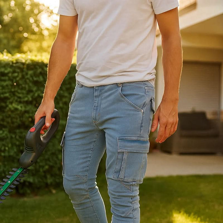 Comfortable men's slim fit cargo jeans, ideal for a modern casual aesthetic.