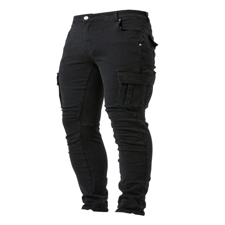 Front view of men's slim fit cargo jeans, highlighting multiple utility pockets.