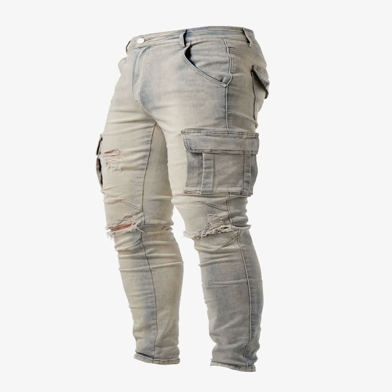 Dark wash men's slim fit cargo jeans, a versatile bottom for everyday and street fashion.