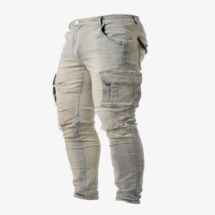 Dark wash men's slim fit cargo jeans, a versatile bottom for everyday and street fashion.