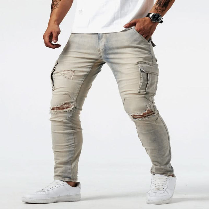 Casual men's slim fit cargo jeans, an essential for comfortable and modern everyday wear.