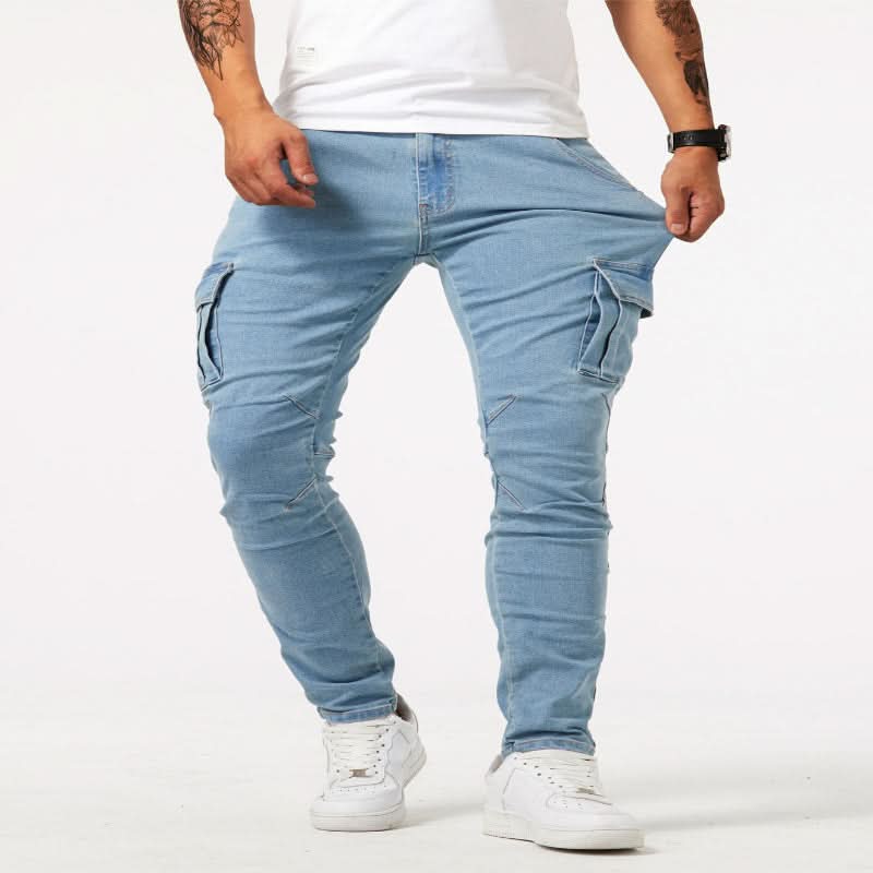 Close-up of side pocket detail on men's slim fit cargo jeans, showing craftsmanship.
