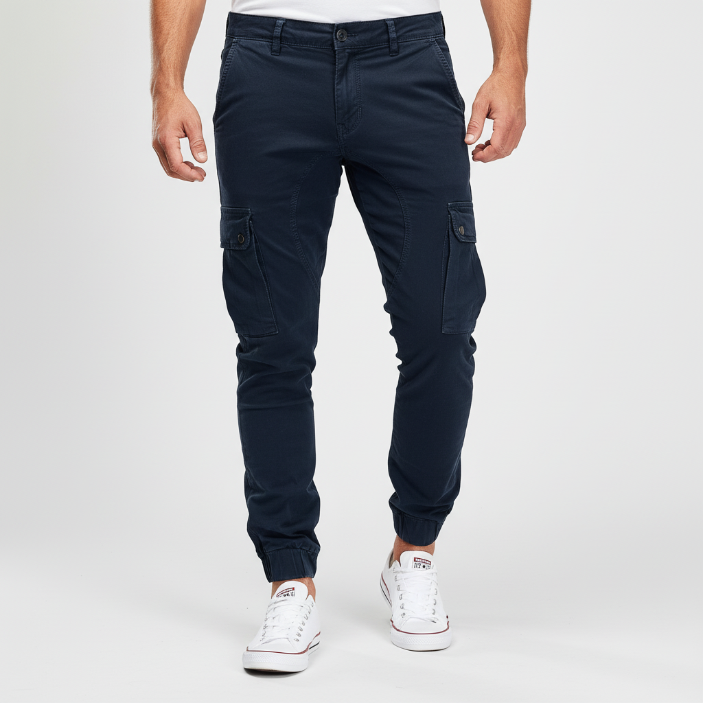 Detail of a cargo pocket on men's slim fit pants, highlighting secure button closure.