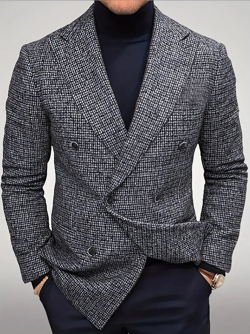 Detailed view of a men's slim fit check blazer fabric, ideal for smart casual, business or formal wear.