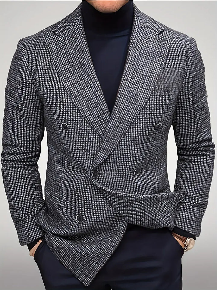 Detailed view of a men's slim fit check blazer fabric, ideal for smart casual, business or formal wear.