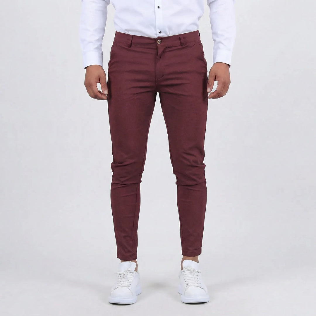 Elegant men's slim-fit chino pants. Provide comfort & a sleek silhouette for daily style.