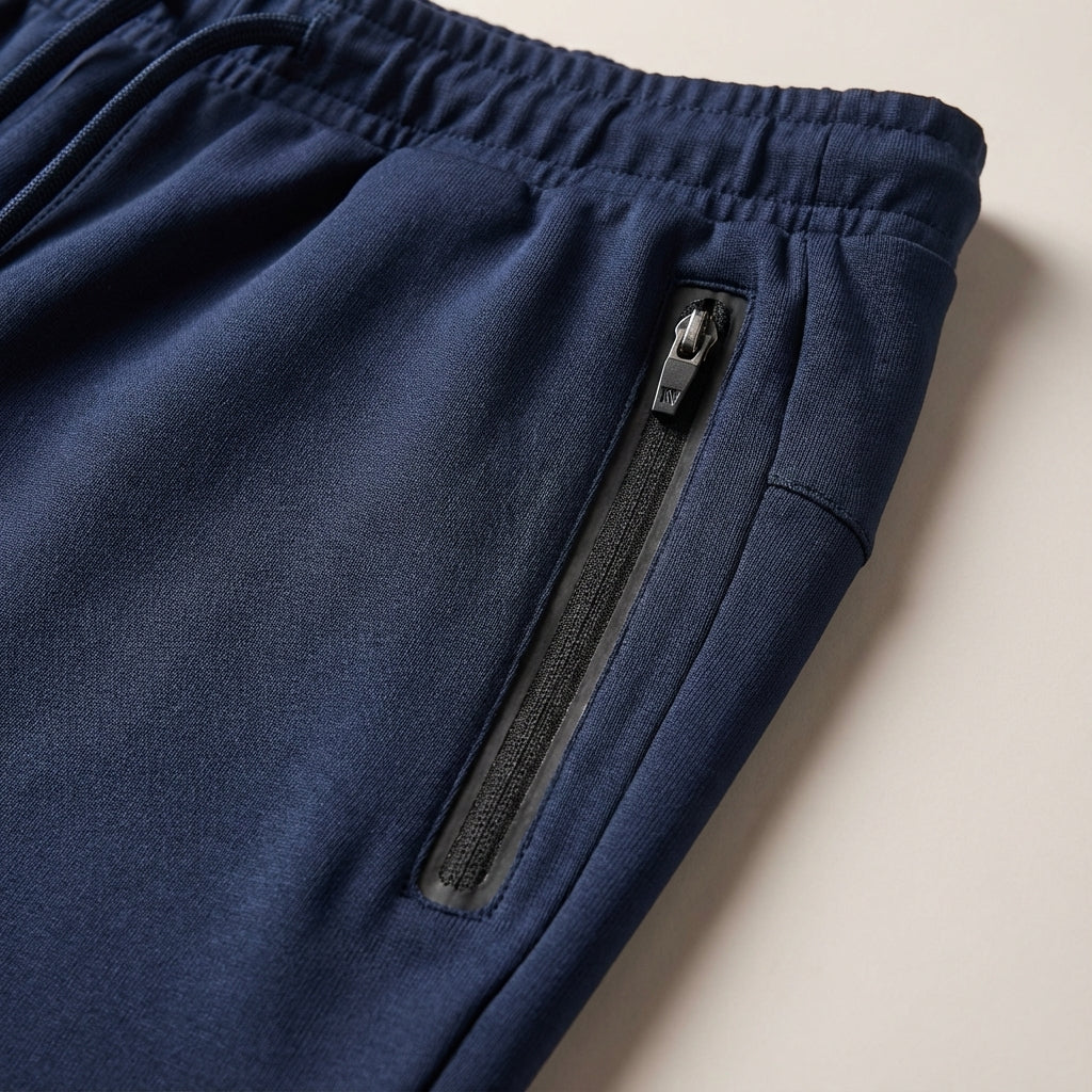 Close-up of Johnny men's slim fit training trousers, illustrating the comfortable cotton blend fabric and zipped pockets