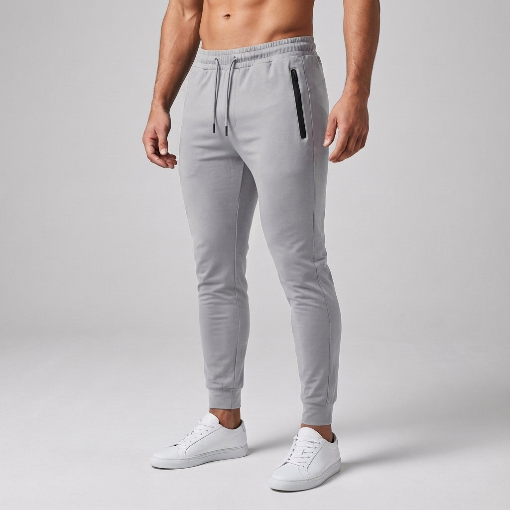 Profile view of men's slim fit training trousers, Johnny brand, showcasing modern fit and comfortable cotton blend