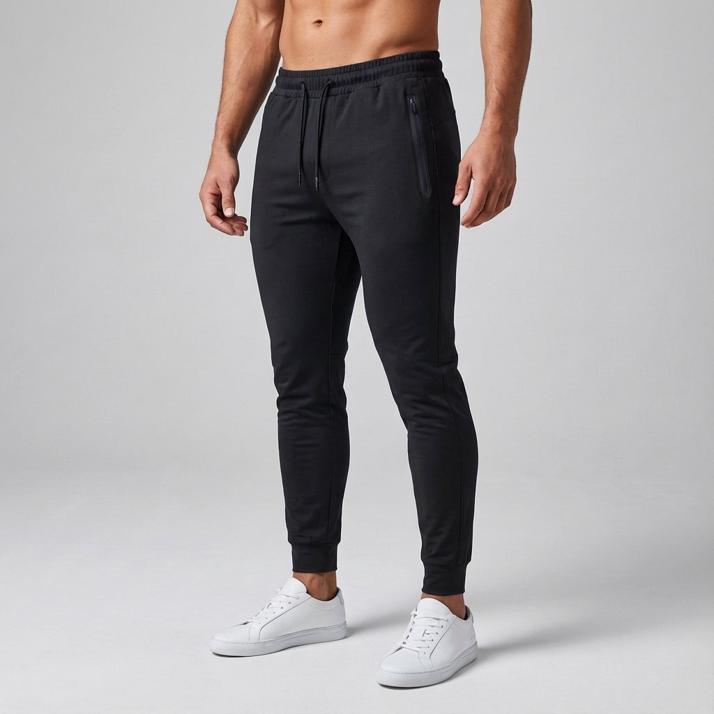 Stylish men's slim fit activewear training trousers by Johnny, cotton blend with zippered pockets for men