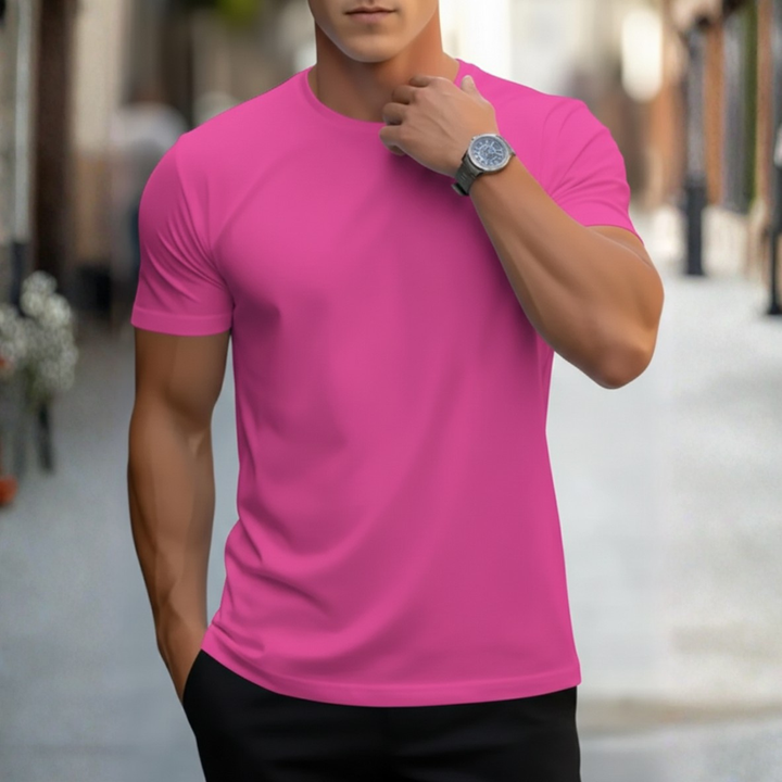 Back view of men's slim fit crew neck short sleeve t-shirt, showcasing modern everyday style.