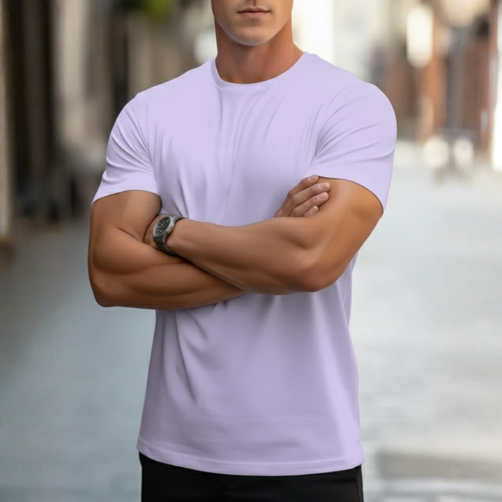 Front view of men's slim fit crew neck short sleeve t-shirt, a casual wear essential.