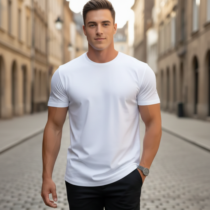 Man wearing slim fit crew neck short sleeve t-shirt, perfect for everyday casual style.