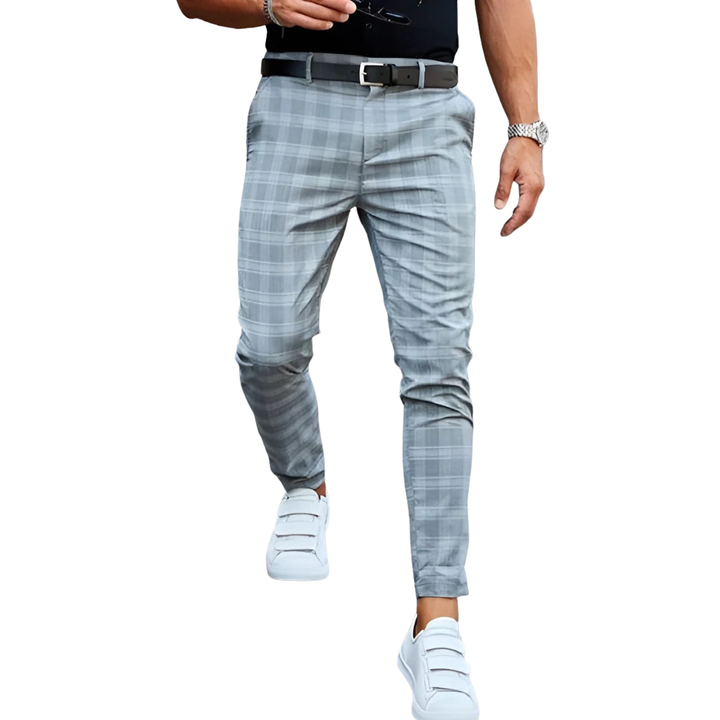 Versatile men's slim fit cropped checked trousers, perfect for smart casual or business casual.