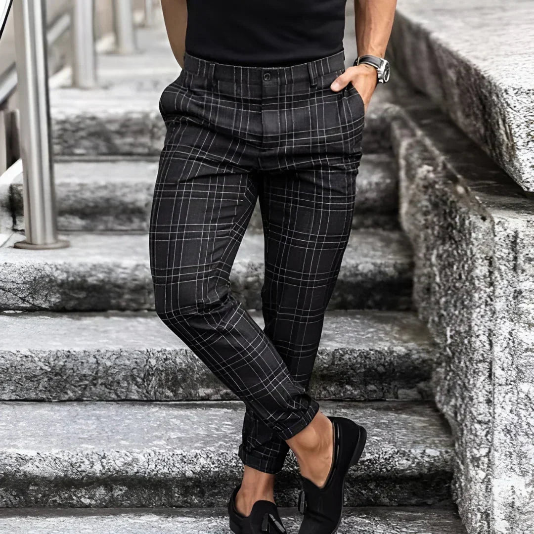 Sharp men's slim fit cropped checked pants, a modern choice for business casual outfits.