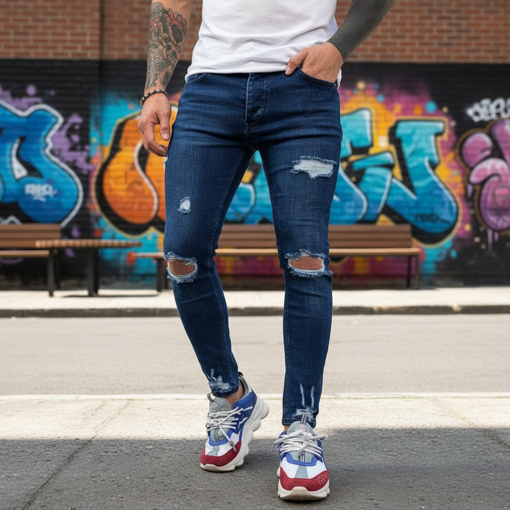 Men's Slim Fit Distressed Denim Jeans, Theo style, perfect for casual wear. Features trendy distressed details.