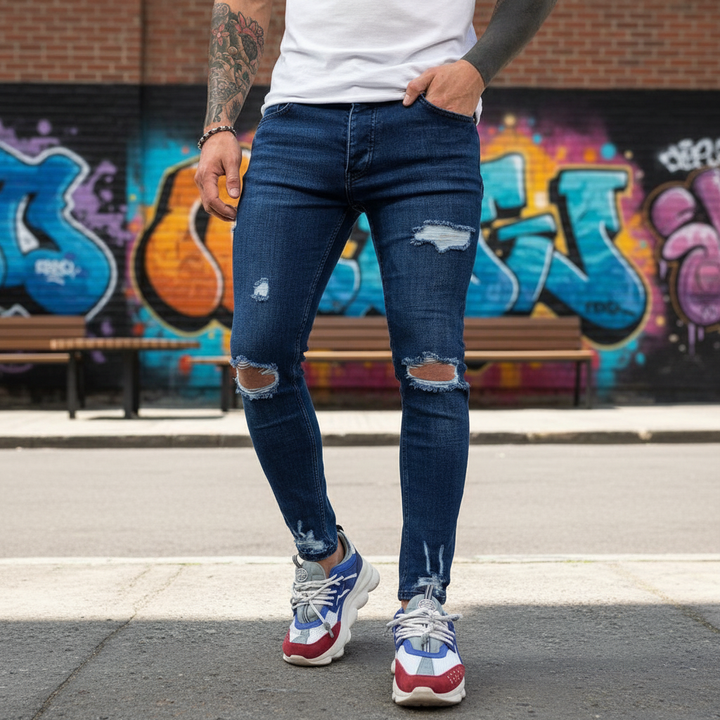 Men's Slim Fit Distressed Denim Jeans, Theo style, perfect for casual wear. Features trendy distressed details.