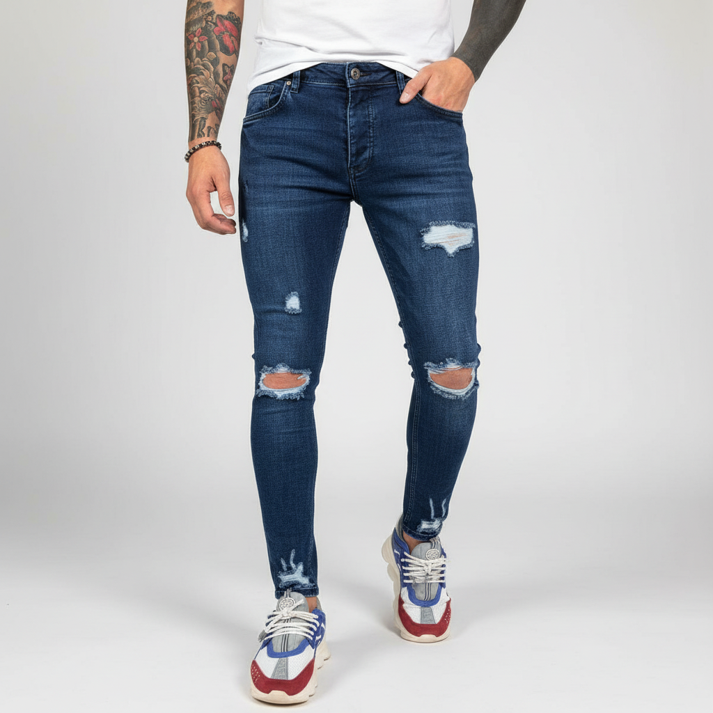 Theo Slim Fit Men's Jeans in blue denim with stylish distressed accents, ideal for a modern look.
