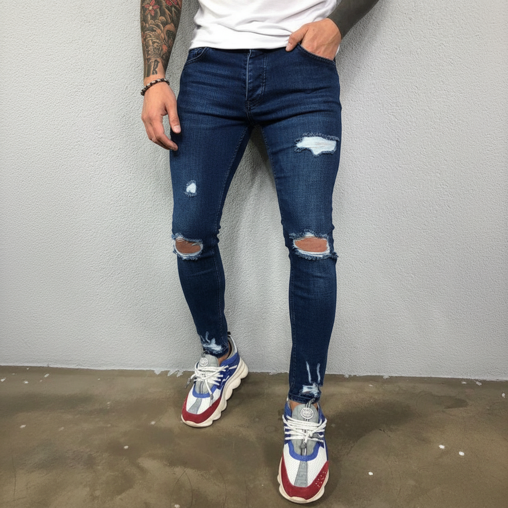 Mensfashion distressed denim jeans, Theo slim fit, showcasing a contemporary style with ripped details.