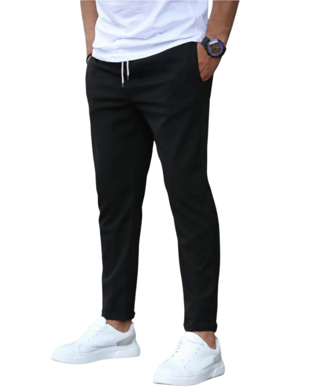 Casual men's stretch chino pants with drawstring waist for everyday comfortable wear.
