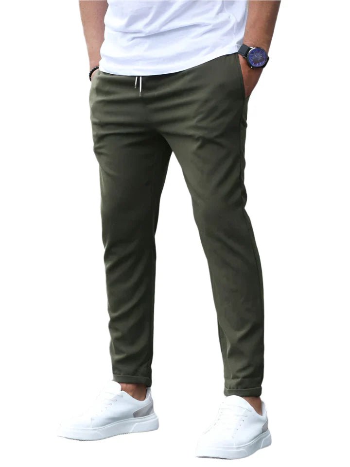 Modern men's chino pants with elastic drawstring waist, offering ultimate comfort and style.
