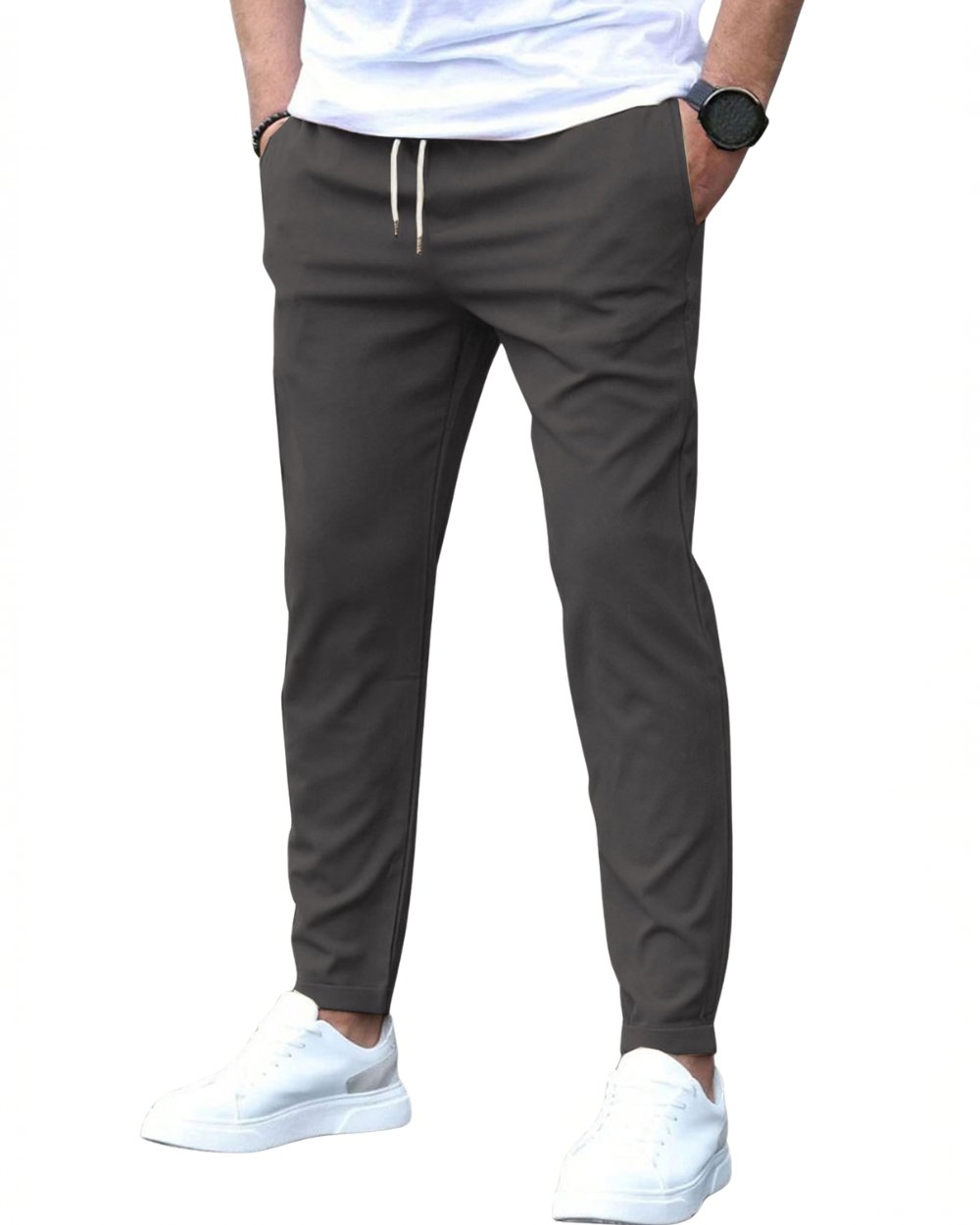 Comfortable men's stretch chino pants, designed with a drawstring for a perfect fit.