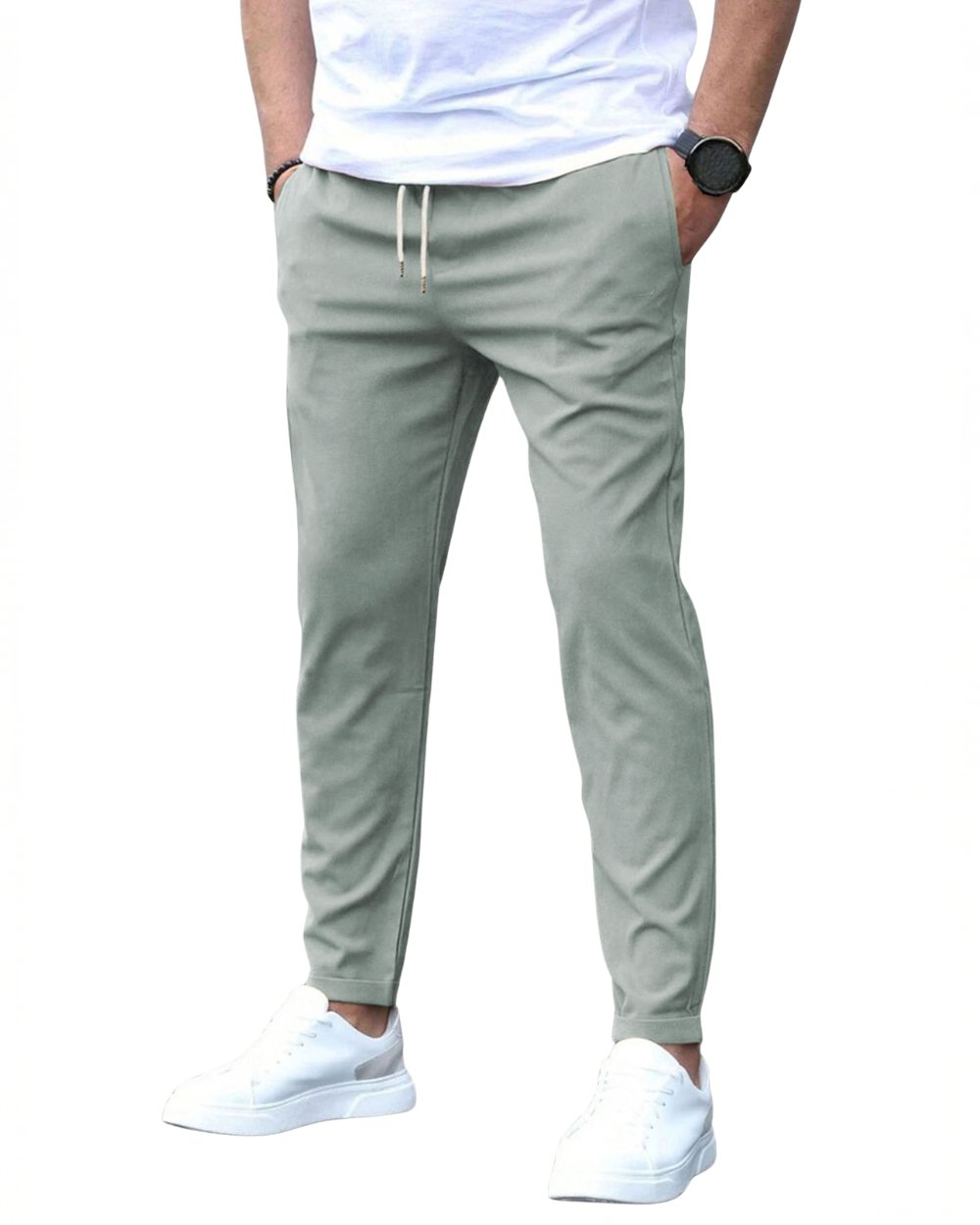 Men's slim fit drawstring chino pants, combining flexibility, comfort, and contemporary style.