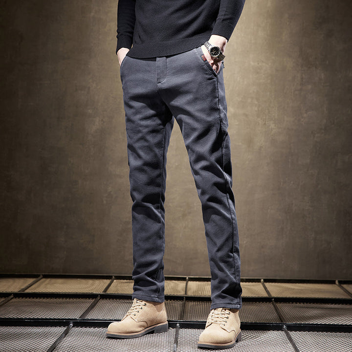 Full-length view of men's slim fit wrinkle-resistant pants, perfect for everyday office or casual wear.