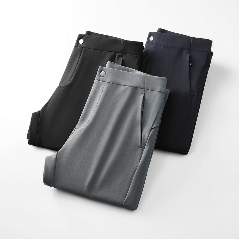 Modern slim fit men's pants, available in gray or black, offering a sculpted, clear style.