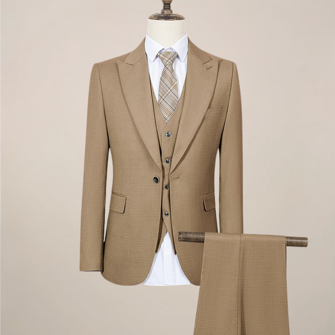 Complete men's three-piece green slim fit suit with jacket, vest & trousers, perfect for summer events.
