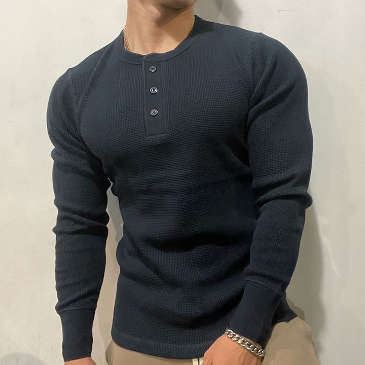Slim fit men's henley muscle shirt, offering ultimate comfort & durability for active men.