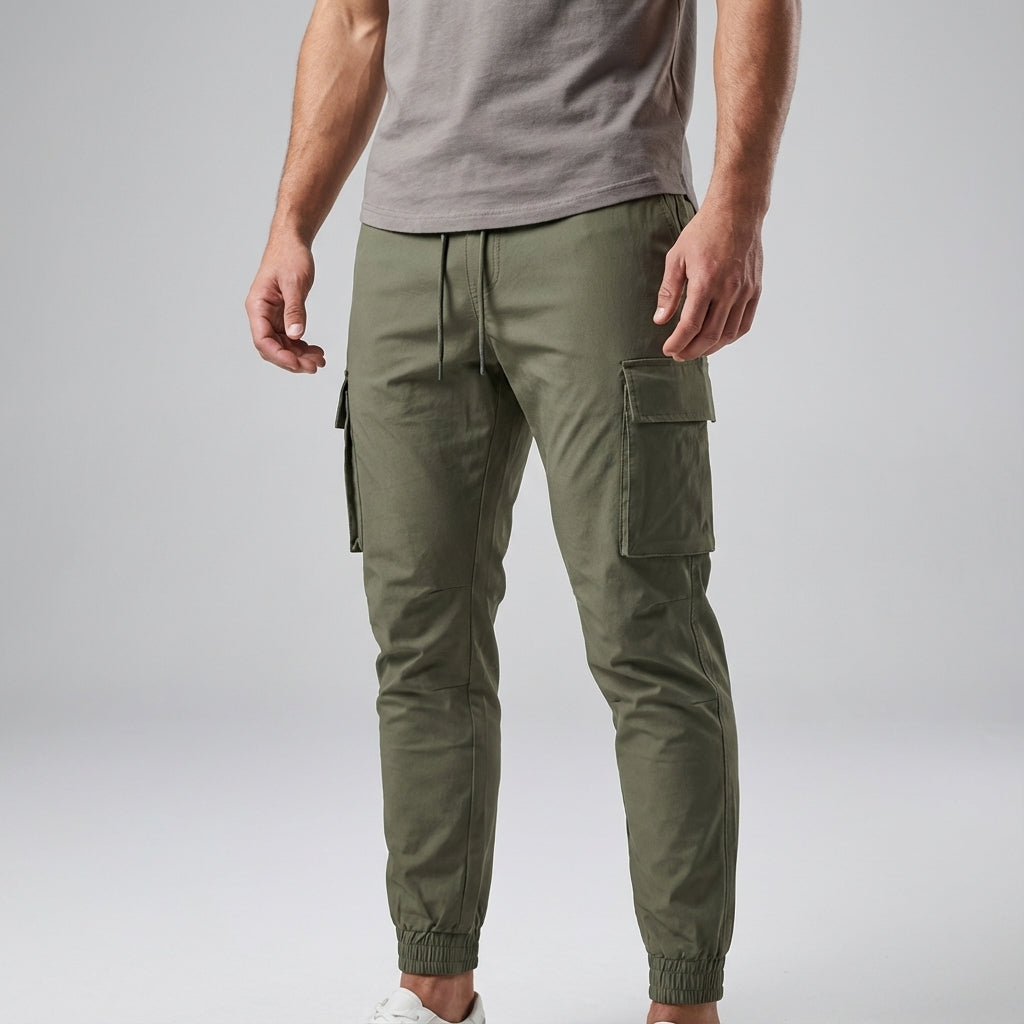 Casual men's slim fit jogger pants, ideal for activewear and streetwear with utility pockets